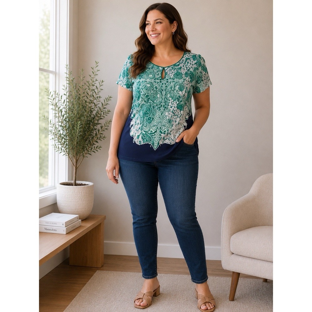 New York & Company Women's Green Floral Round Neck Cap Sleeve Stretch Knit Top M